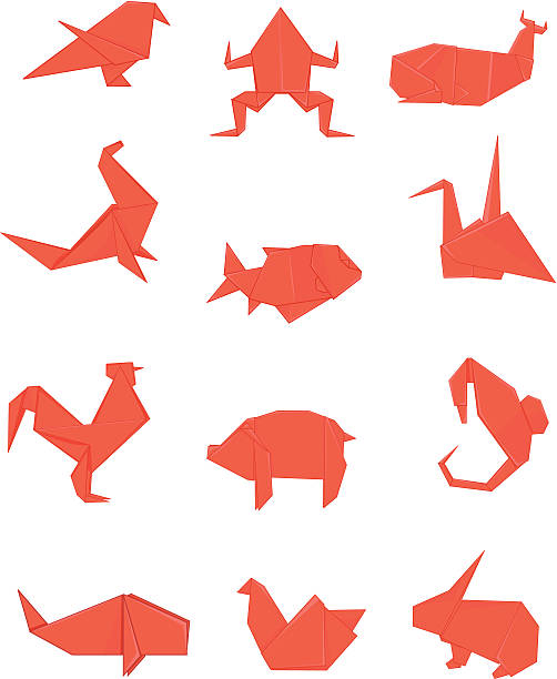 Red Origami set Red origami animals including bird, crane, frog, whale, fish, seal, rooster, pig, seahorse, hen, and rabbit. the boar fish stock illustrations