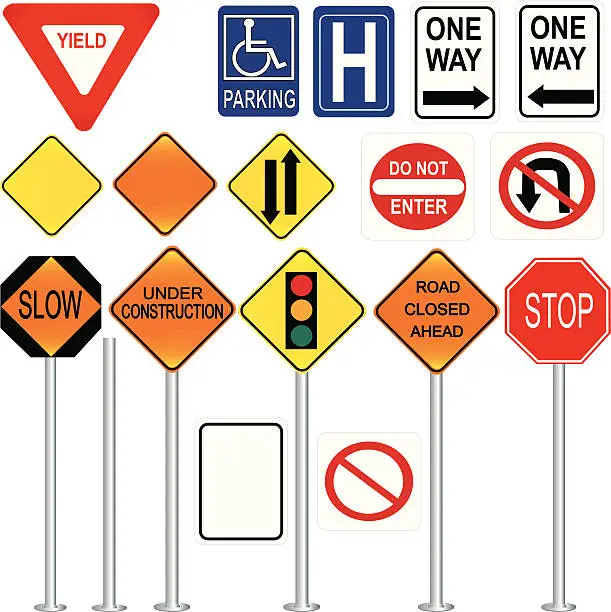 Vector illustration of Collection of seventeen various traffic control signs