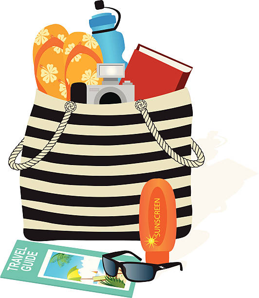 A beach bag filled with water, a camera, a book and sandals Gradients were used.  Extra large JPG, thumbnail JPG, and Illustrator 8 compatible EPS are included. beach bag stock illustrations