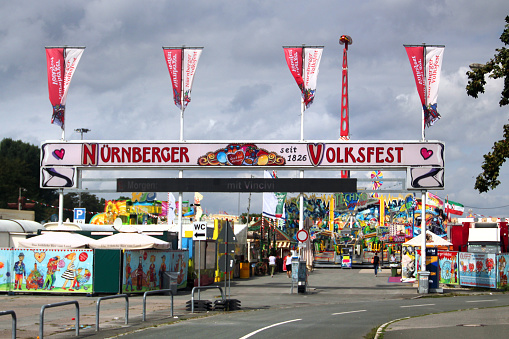 Nuremberg, Germany - August 26, 2023: Entrance to Nuremberg Volksfest, one of the oldest traditional events in Europe that started in 1826 when Nuremberg residents celebrated Ludwig the First birthday