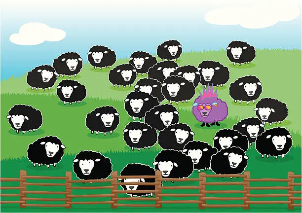 Vector illustration of Punk Sheep among Black Sheeps