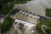 Aerial view of the lake surface and reservoir dam after the flood