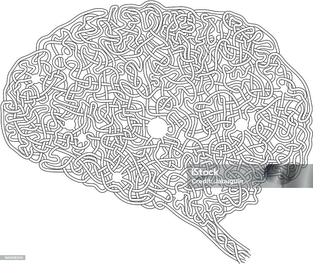 Brain labyrinth A difficult labyrinth, brain shaped. You are in the central big neurone and you have to scape travelling through neurone ramifications (axon). Imagine a 3D tangle, you can cross under other axons or roads. If you are in a 3 ways crossroad, always continue in the same direction. You will finish when you reach spinal cord. Brain stock vector