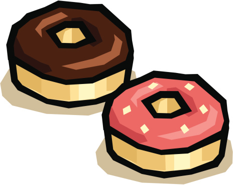 A chocolate donut and a pink donut with sprinkles