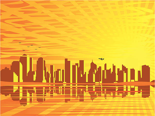 Sunset And The Big City vector art illustration