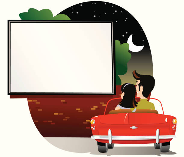 Drive-in romantic couple in auto Man and woman sitting in their convertible car at a drive-in cinema. Screen has been left blank for your own message. Man/woman/car element is separate from background. woman driving car night stock illustrations