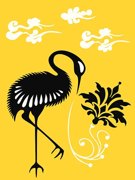 Vector illustration of Japanese Crane & Flower