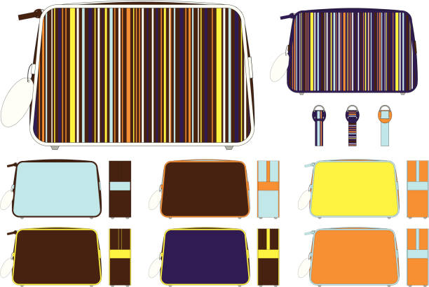 Mens Washbag with Retro Colored Stripe Mens washbag with retro colored stripe. Front and side views with zip puller detail. cosmetic bag clip art stock illustrations