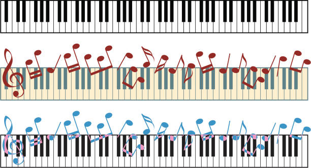 ilustraciones, imágenes clip art, dibujos animados e iconos de stock de teclado de piano - musical staff music piano blue