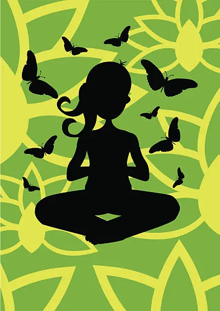 Vector illustration of Girl doing Yoga (silhouette) - Meditation with Lotus & Butterflys