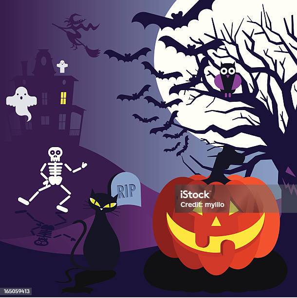 Ilustración de Noche De Halloween y más Vectores Libres de Derechos de Esqueleto humano - Esqueleto humano, Halloween, Púrpura