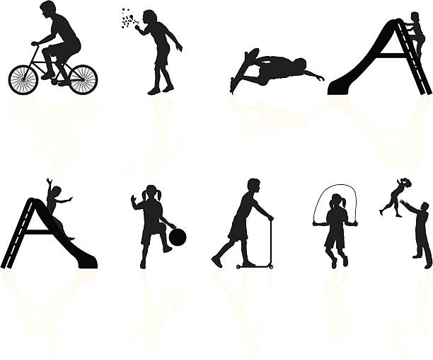 ilustrações de stock, clip art, desenhos animados e ícones de coleção de silhueta de crianças a brincar - skateboarding skateboard silhouette teenager