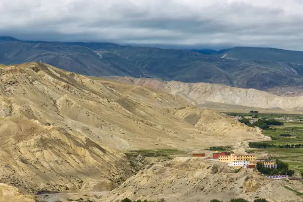 Photo of Namgyal Gompa Gumba Monastery in Upper Mustang of Tibetan Nepal with beautiful green desert