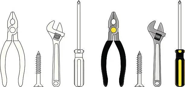 Vector illustration of DIY Tools Outline & Coloured Versions