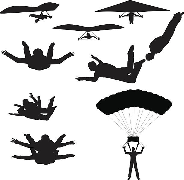 illustrations, cliparts, dessins animés et icônes de sky sports silhouette vecteur de la collection de bitmap - skydiving parachute hang glider silhouette