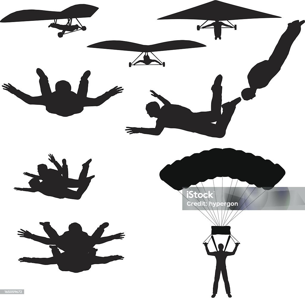 Sky Sports Silhouette Collection (vector+raster) File types included are ai, eps, svg, and various jpgs (3000x3000,1000x1000,500x500) Skydiving stock vector