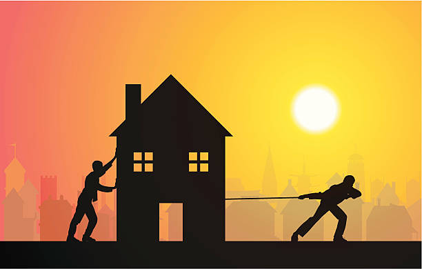 ilustraciones, imágenes clip art, dibujos animados e iconos de stock de mudanza con puesta de sol - moving house house action silhouette