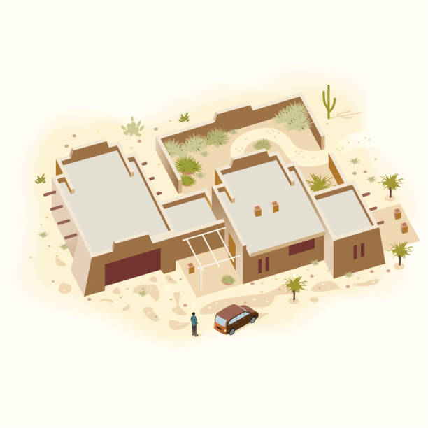 adobe 그레이 하우스 - santa fe new mexico mexico adobe house stock illustrations