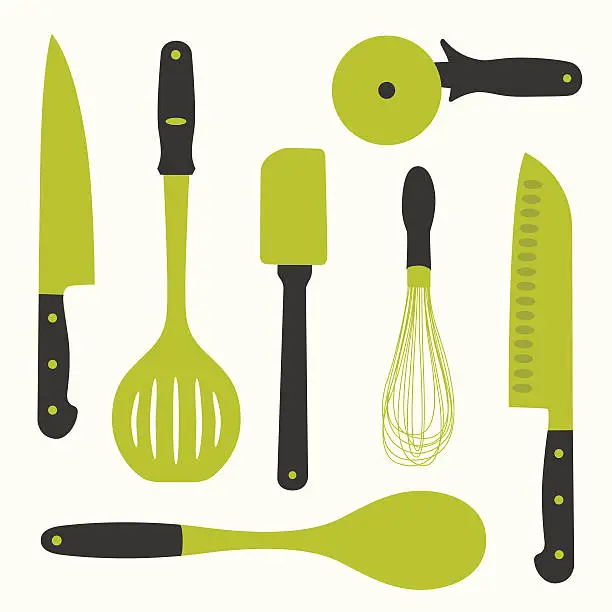 Vector illustration of Vector image of seven kitchen utensils in gold and black