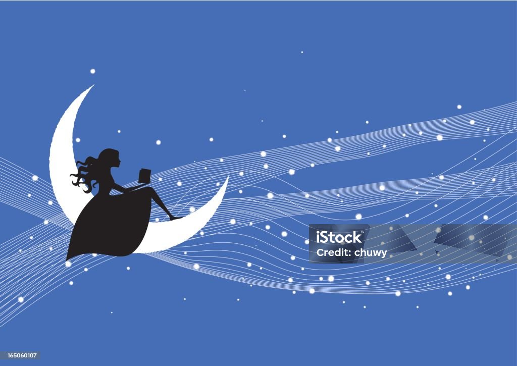 On the moon Girl silhouette reading on the moon surrounded by bright stars. Women stock vector