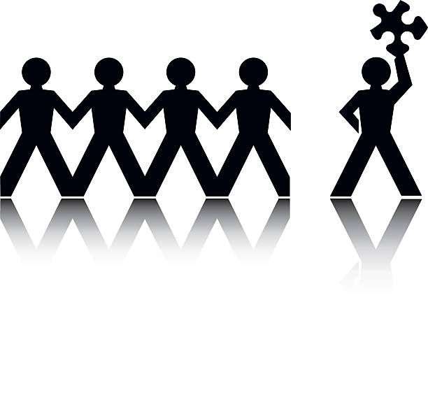 Paper cutout people with one holding a puzzle piece Information symbol man holding up a piece of jigsaw. line of people holding hands stock illustrations