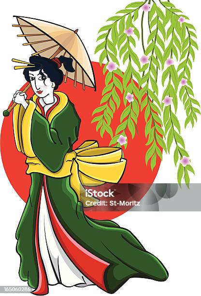 Gueixa Com Guardachuva - Arte vetorial de stock e mais imagens de Arte, Cultura e Espetáculo - Arte, Cultura e Espetáculo, Bandeira do Japão, Cor verde