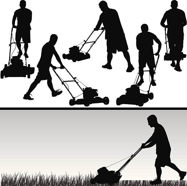 Lawn Care Silhouette Series This is a collection of silhouettes showing a man using a lawnmower to cut his lawn. This download contains an editable EPS file, as well as a large JPG file. lawn mower clip art stock illustrations