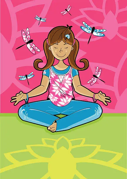 Vector illustration of Girl doing Yoga - Meditation with Lotus & Dragonflys