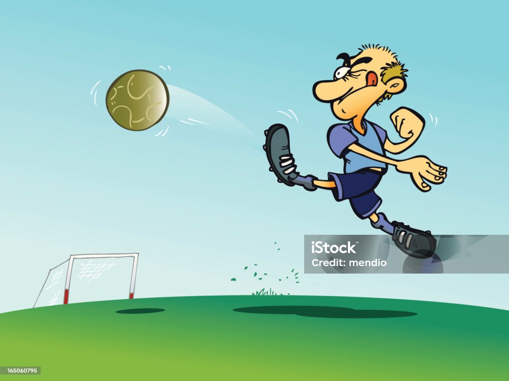 Soccer player kicking a ball with energy Cartoon illustration of a soccer player strong kicking a ball. He is on a soccer field with a goal post on the back. Clear Sky stock vector