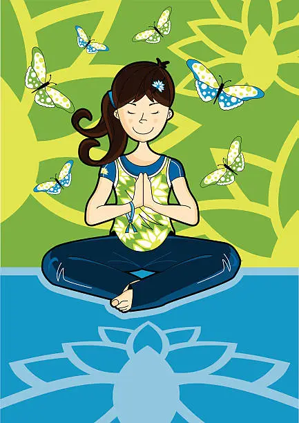 Vector illustration of Girl doing Yoga - Meditation with Lotus & Butterflys