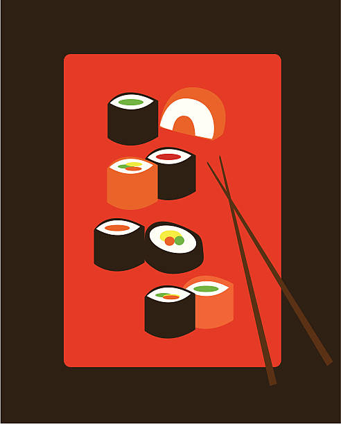 illustrazioni stock, clip art, cartoni animati e icone di tendenza di sushi - eating utensil plate black background empty