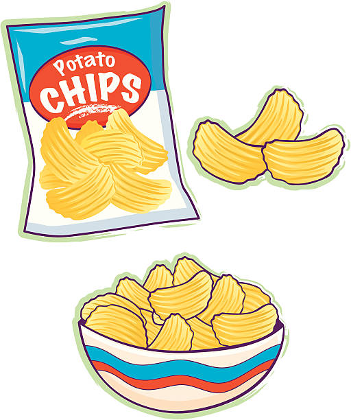 Potato Chips Ai8, eps, & high res CMYK & RGB JPEGs included (8"x9.5"). Items individually grouped. Green shadows on a separate layer. potato chip stock illustrations