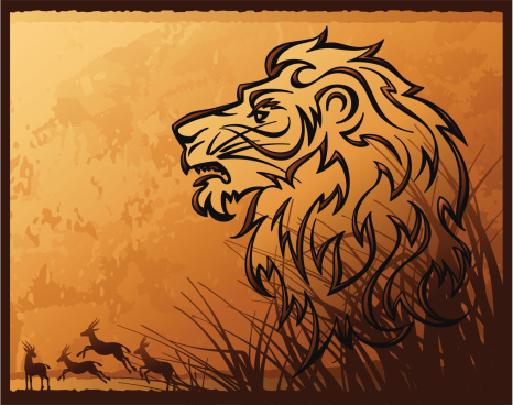 A vector illustration of an iconic lion head on a grungy looking savannah background with some scared gazelles running away.