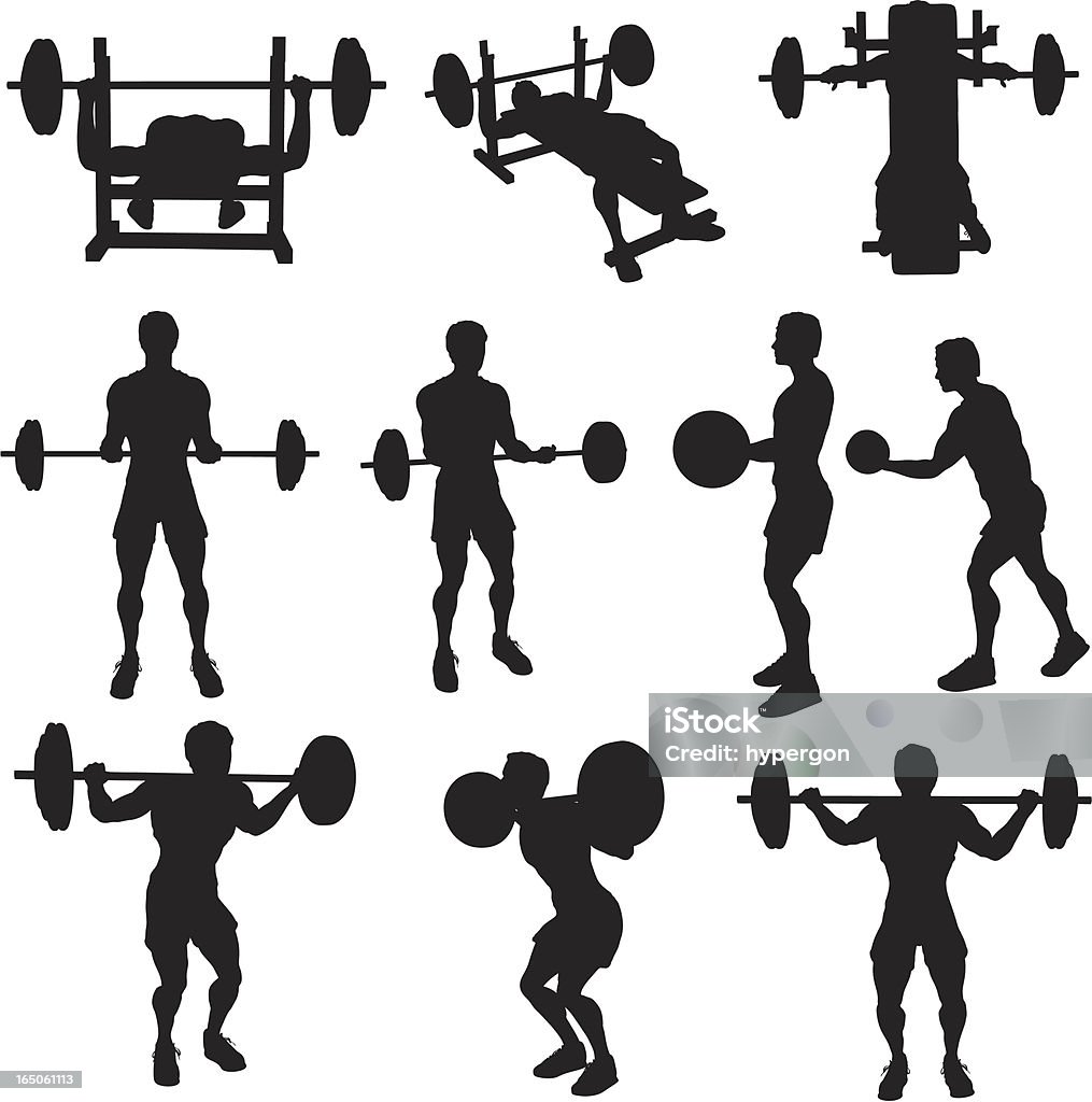 Weight Lifting Silhouette Collection File types included are ai, eps, svg, and various jpgs (3000x3000,1000x1000,500x500) Men stock vector