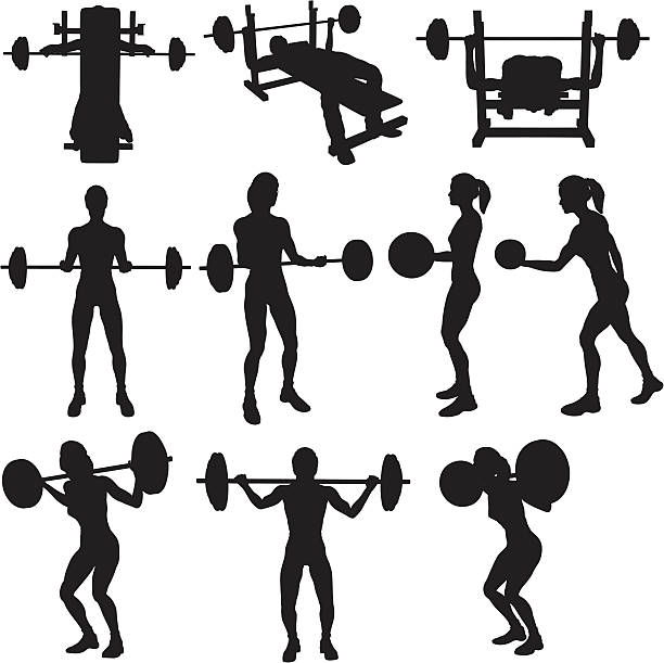 illustrazioni stock, clip art, cartoni animati e icone di tendenza di con un peso di sollevamento raccolta vettoriale silhouette (raster - women weight bench exercising weightlifting