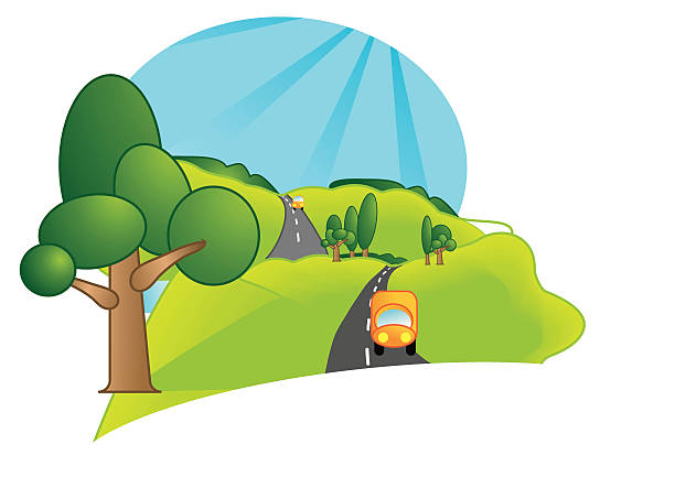 sunny road in the hills vector art illustration