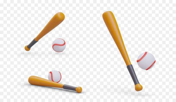 Baseball bat and stitched ball. Accessories for popular sports game Baseball bat and stitched ball. Accessories for popular sports game. Realistic color isolated image. Set of detailed vector illustrations for web design baseball base icon stock illustrations