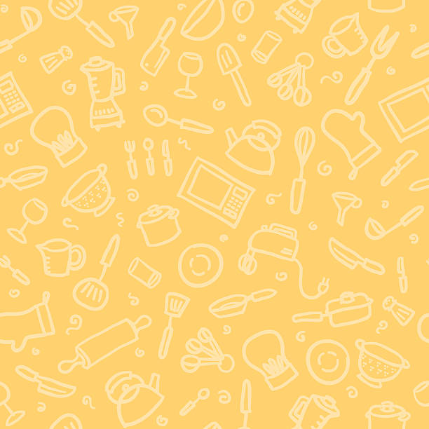 seamless pattern: kitchen kitchen utensils and appliances in a seamless pattern. just drop into your illustrator swatches and use as a tiled fill. more similar images: dry measure stock illustrations