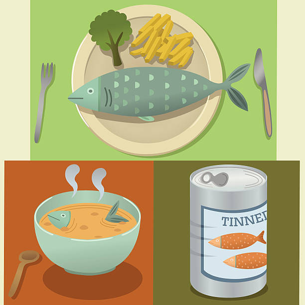 ilustraciones, imágenes clip art, dibujos animados e iconos de stock de comida para peces - plate hungry fork dinner