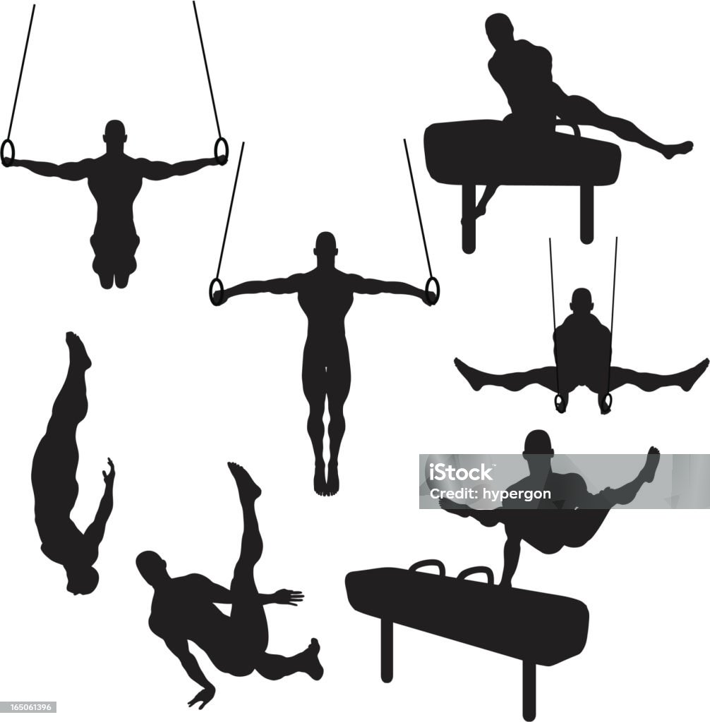 Male Gymnastics Silhouette Collection (vector+raster) File types included are ai, eps, svg, and various jpgs (3000x3000,1000x1000,500x500) Gymnastics stock vector