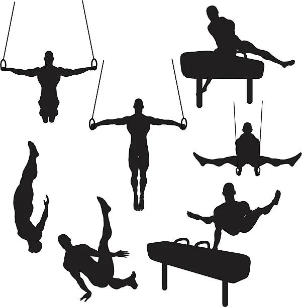 Vector illustration of Male Gymnastics Silhouette Collection (vector+raster)