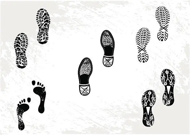 Vector illustration of Five footprints including shoes and sneakers