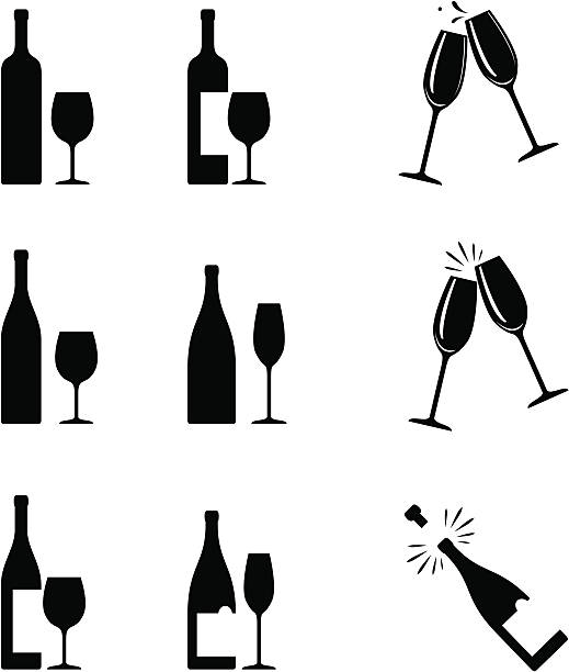 illustrazioni stock, clip art, cartoni animati e icone di tendenza di icone di vino - champagne