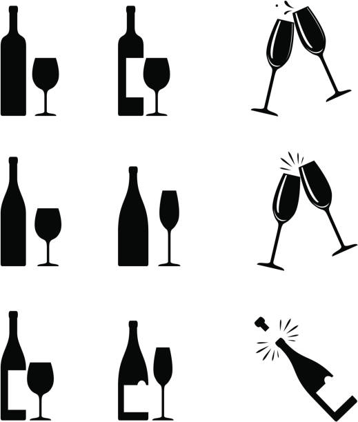 wine icons wine bottles and glasses wine bottle stock illustrations