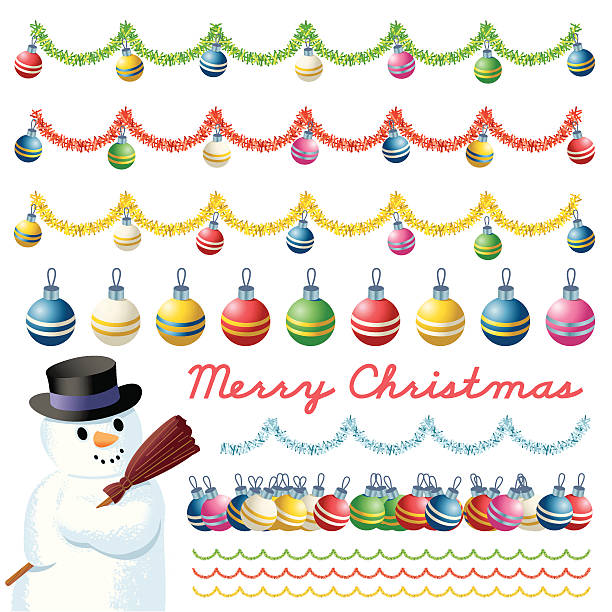 ilustrações de stock, clip art, desenhos animados e ícones de boneco de neve e bolas para árvore - tinsel