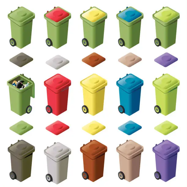 Vector illustration of Fifteen Colored Wheelie Bins ISO