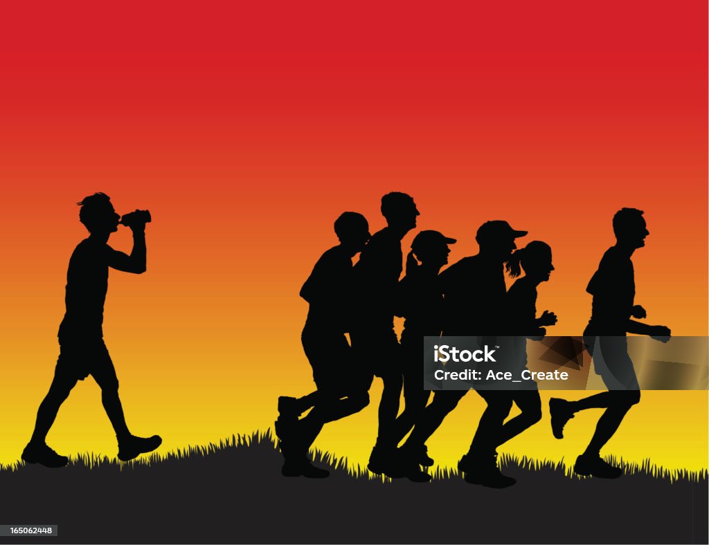 Thirsty joggers "Jogger falls behind to take a drink. Easy to edit, all silhouettes are complete and individual including feet." People stock vector