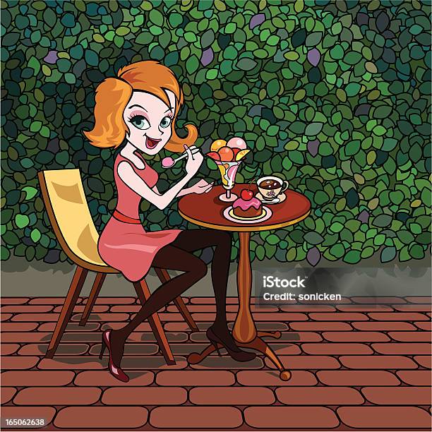 Ragazza Avendo Dessert E Caffè In Giardino - Immagini vettoriali stock e altre immagini di Donne - Donne, Fumetto - Creazione artistica, Gelato