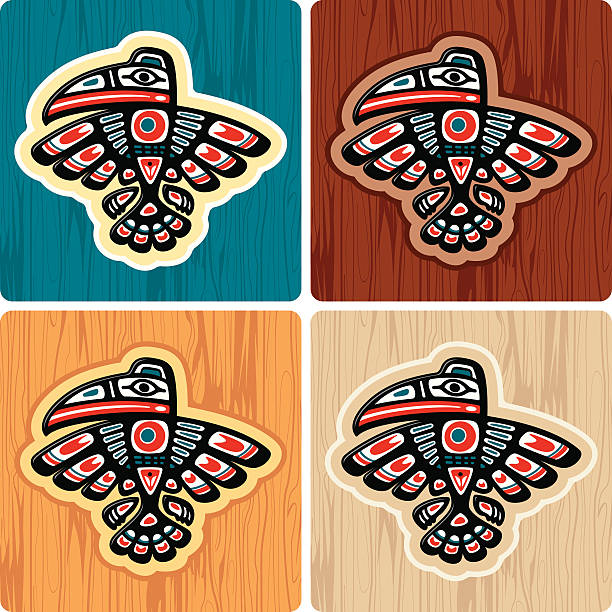 Haida style Crow A vector illustration of a crow using a haida-inuit artistic style over differently colored wood textures. The wood texture is complete so you can use it by itself. No gradients. ravens symbol stock illustrations