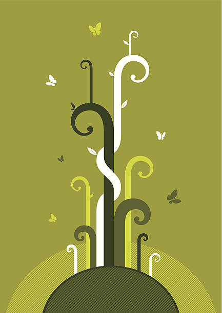 life sprouts frond like plants grow from globe, surrounded by butterflies. koru pattern stock illustrations